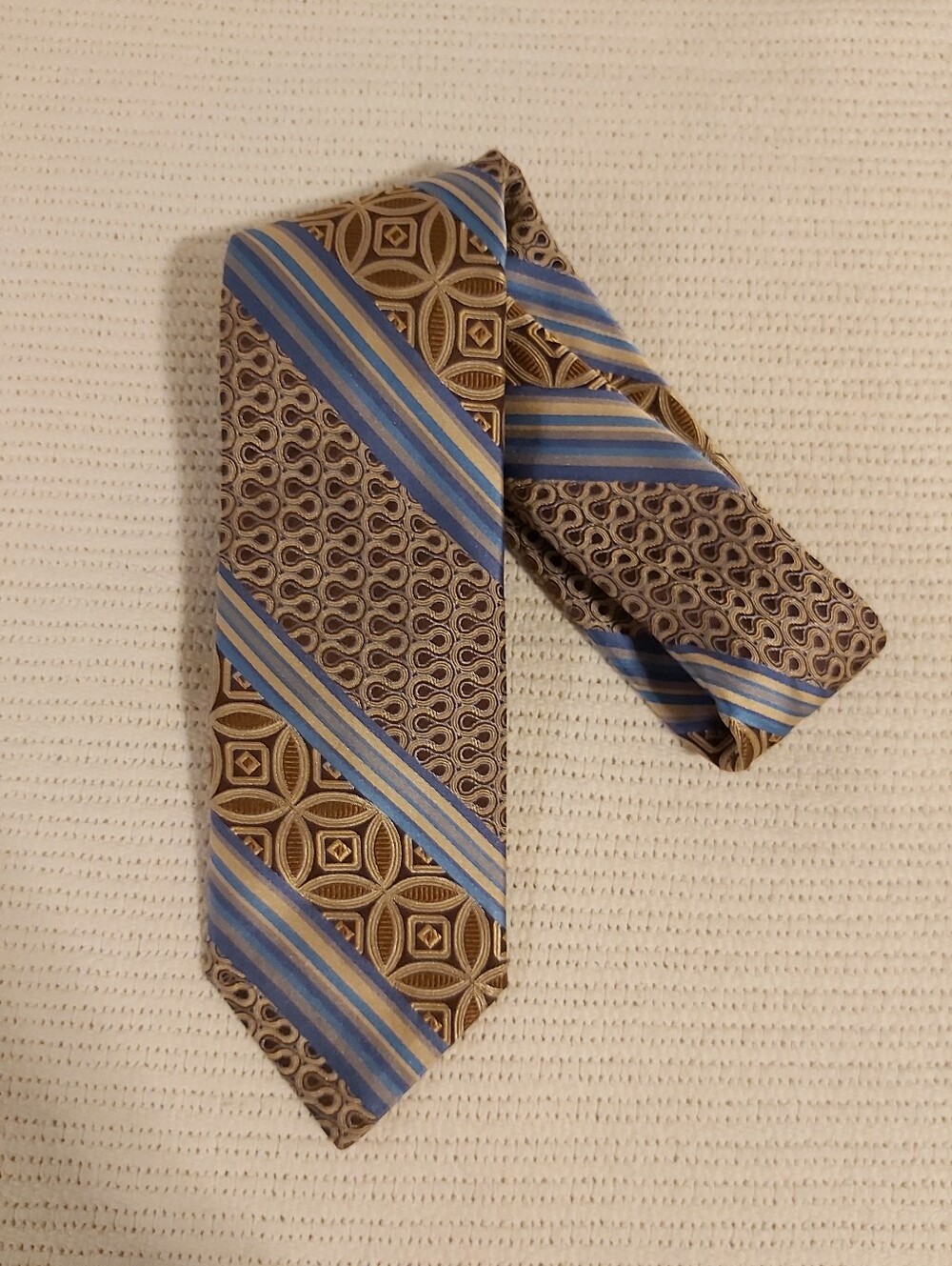 Blue and Brown Geometric Stripe Men's Silk Tie